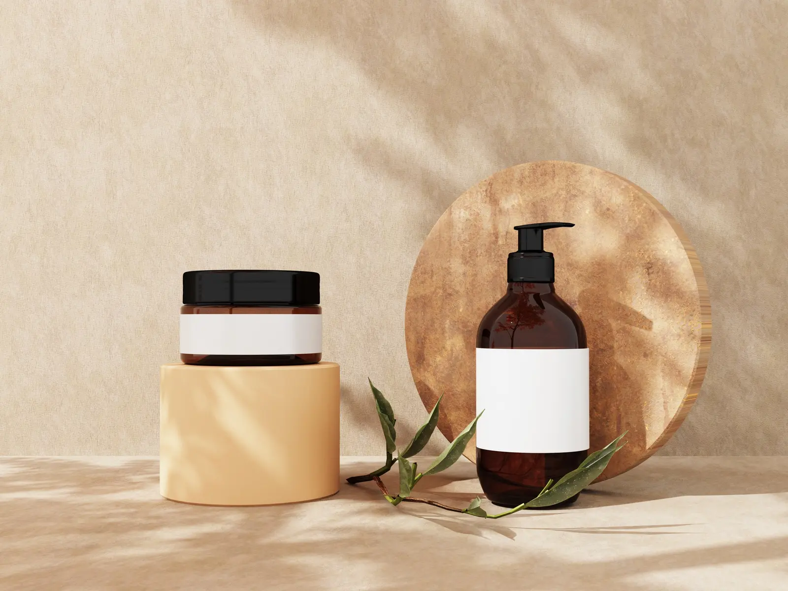Amber glass jar and pump bottle staged on warm terracotta pedestals with soft plant-shadow light
