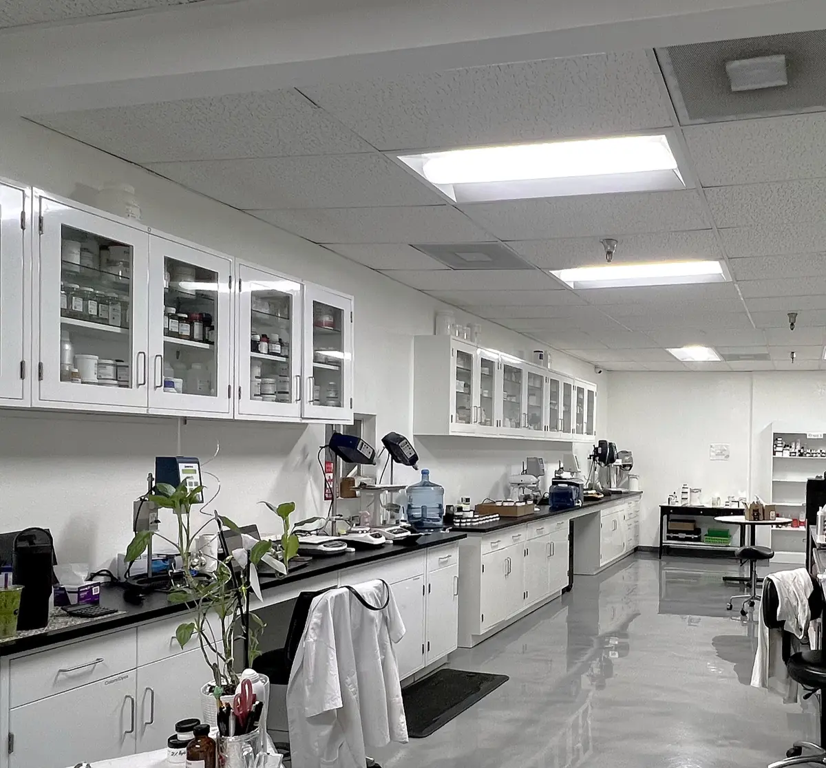 CRIDA's analytical lab bench, with reagent cabinets and testing equipment